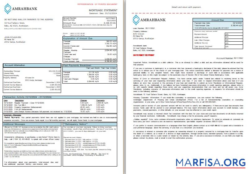 Blank Azerbaijan Amrahbank bank mortgage statement, 3 pages, 1 2 scr sample